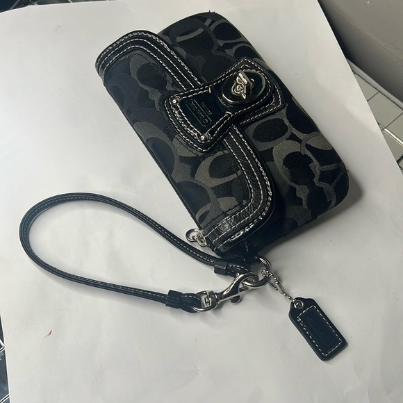 Coach Canvas Logo Black Charcoal Gray Large Wristlet Bag - Picture 2 of 10